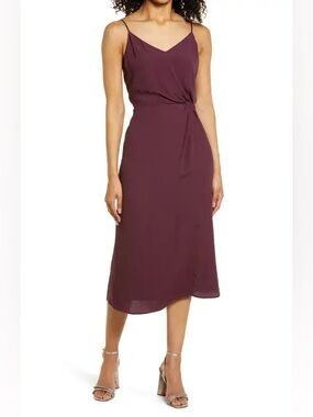 Halogen V-Neck Slip Midi Dress Burgundy Wine Red Side Knot Wedding Guest Lined